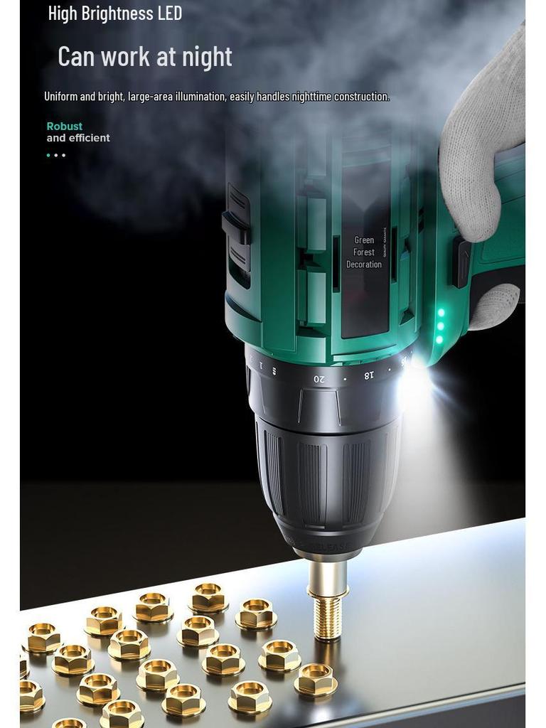 Green Forest 16.8V Brushless Electric Drill: Multi-Function Lithium Pistol Power Tool with Charging Impact and Screwdriver Function.