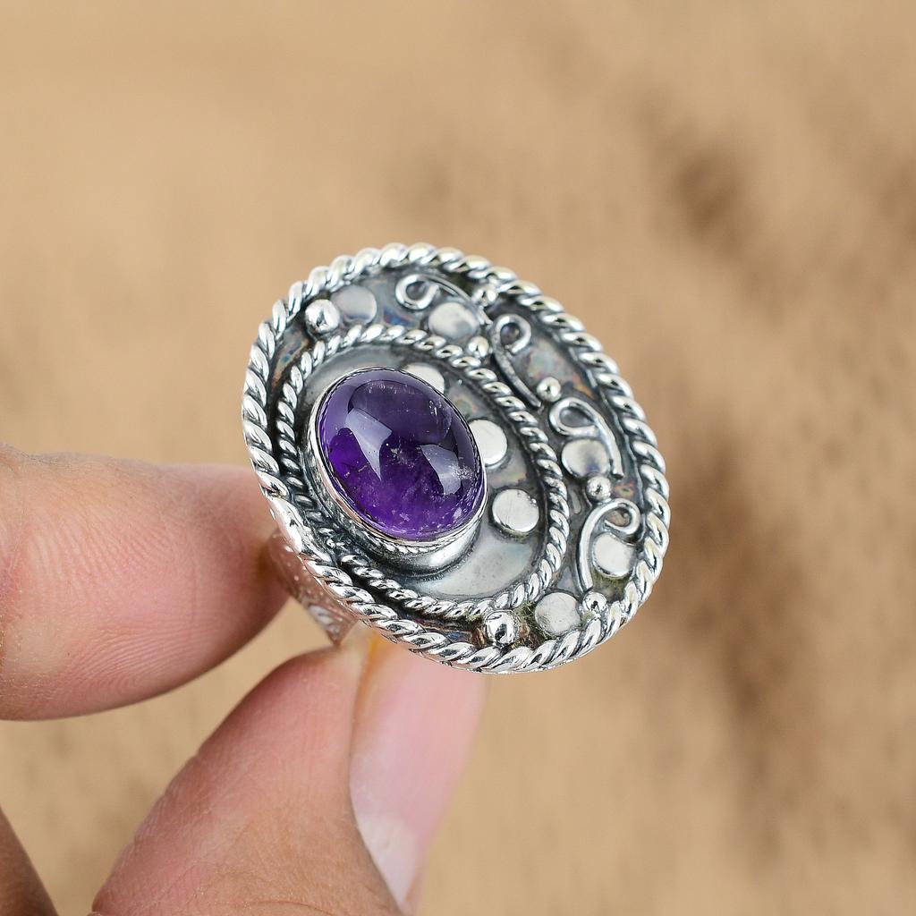 Memorial Day Deal Sterling Silver Oval African Amethyst Stone Promise Boho Ring