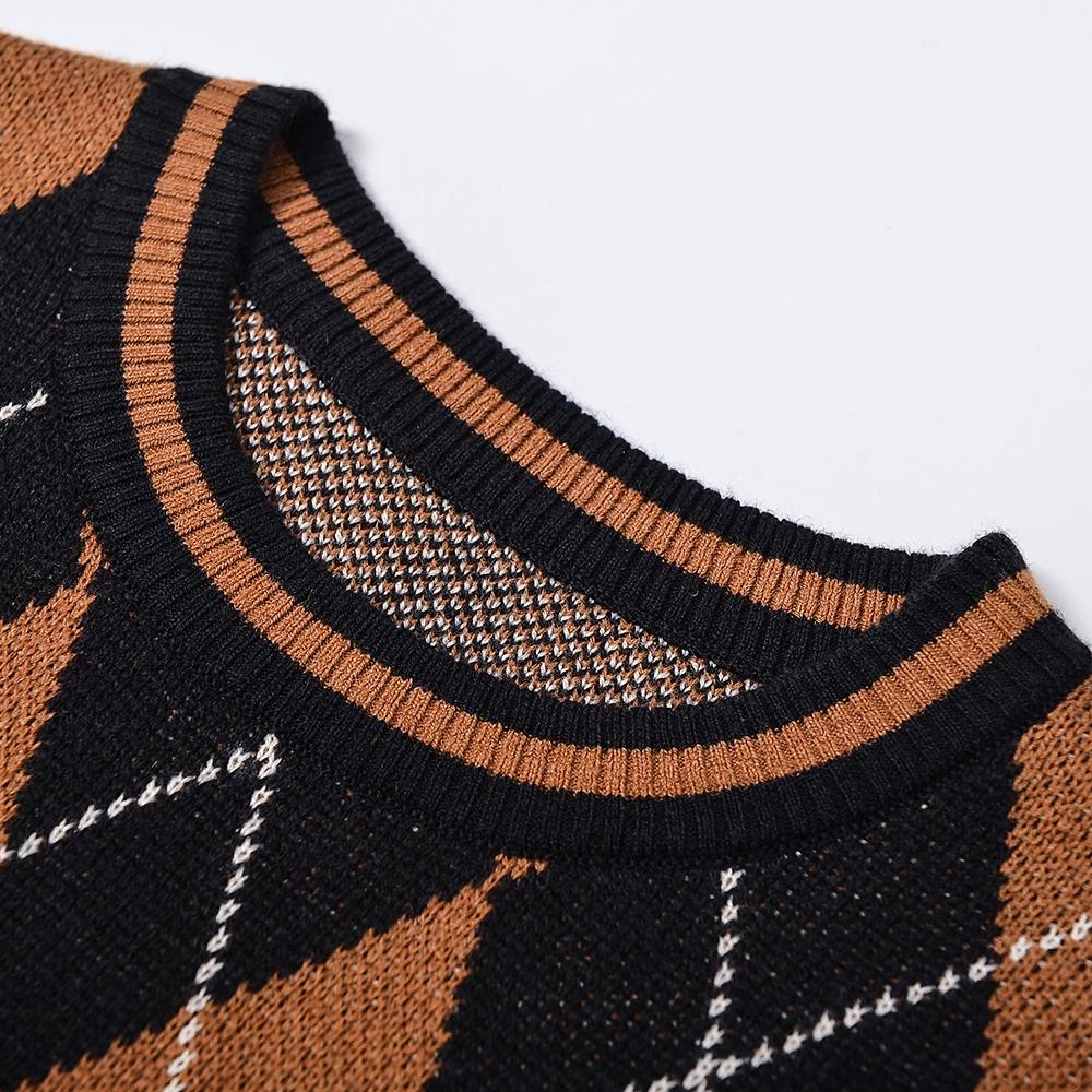 Men's Retro Argyle Sweater Long Sleeve Slim Fit Crewneck Pullover Sweater