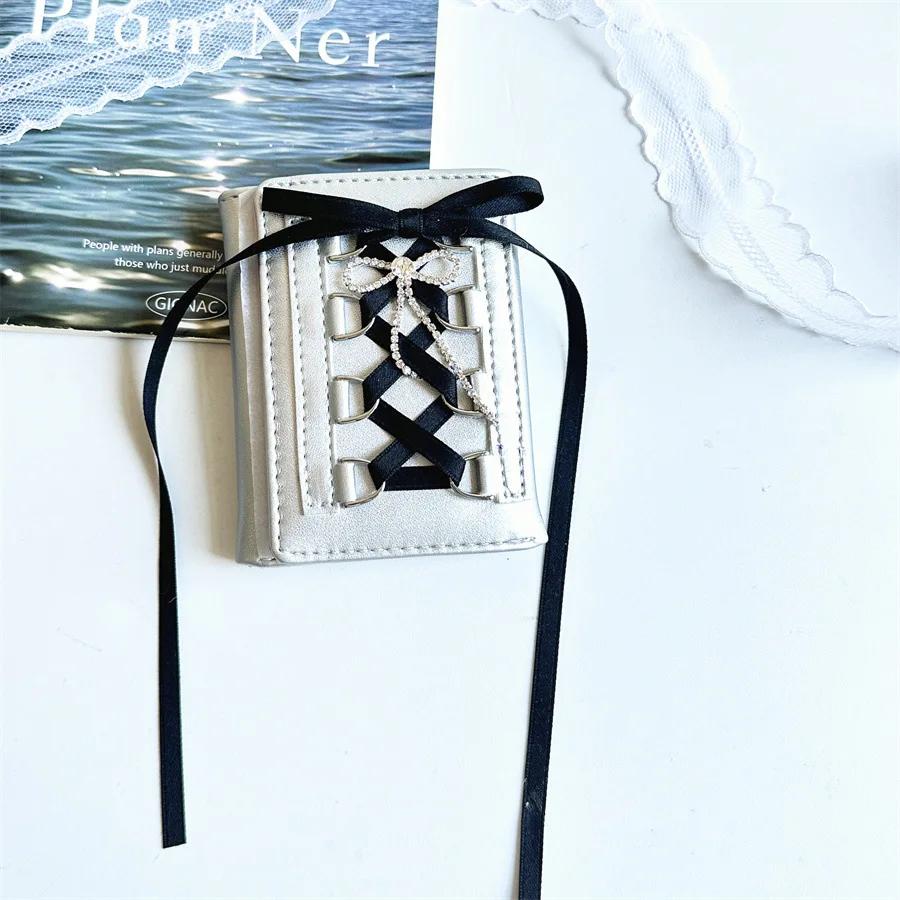 Korean INS Ballet Ribbon Bow Silver PU Card Bag Chic Girls Kpop 3-inch Photocard Holder Women's Coin Purse ID Credit Card Holder