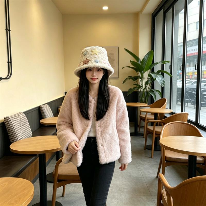 Women S Plush Star Bucket Hat Cute Warm Sun Protection For Autumn Winter