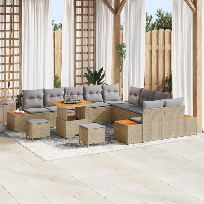 Ensemble de canapé 13 pièces vidaXL avec coussins Beige poly rattan acacia, Ensemble de salle à manger 3 pièces vidaXL 3362972