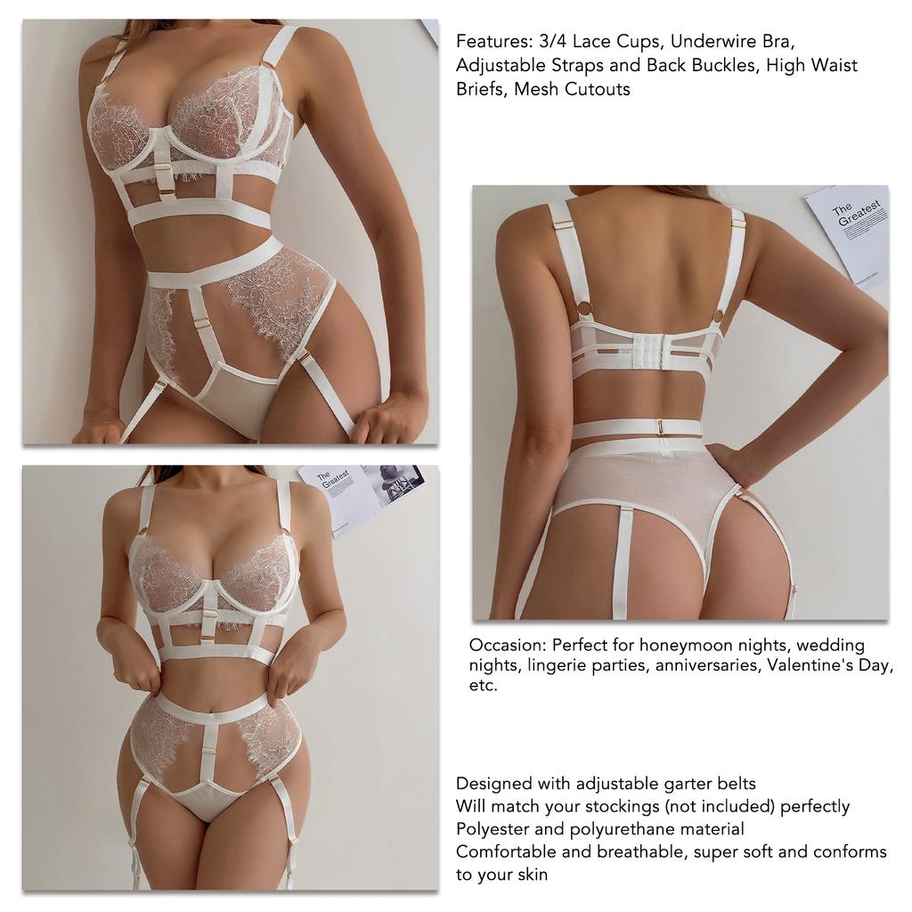 Women Lingerie Set See Through Push Up Adjustable Straps Cutout High Waist Briefs Bra Panty Kit White S