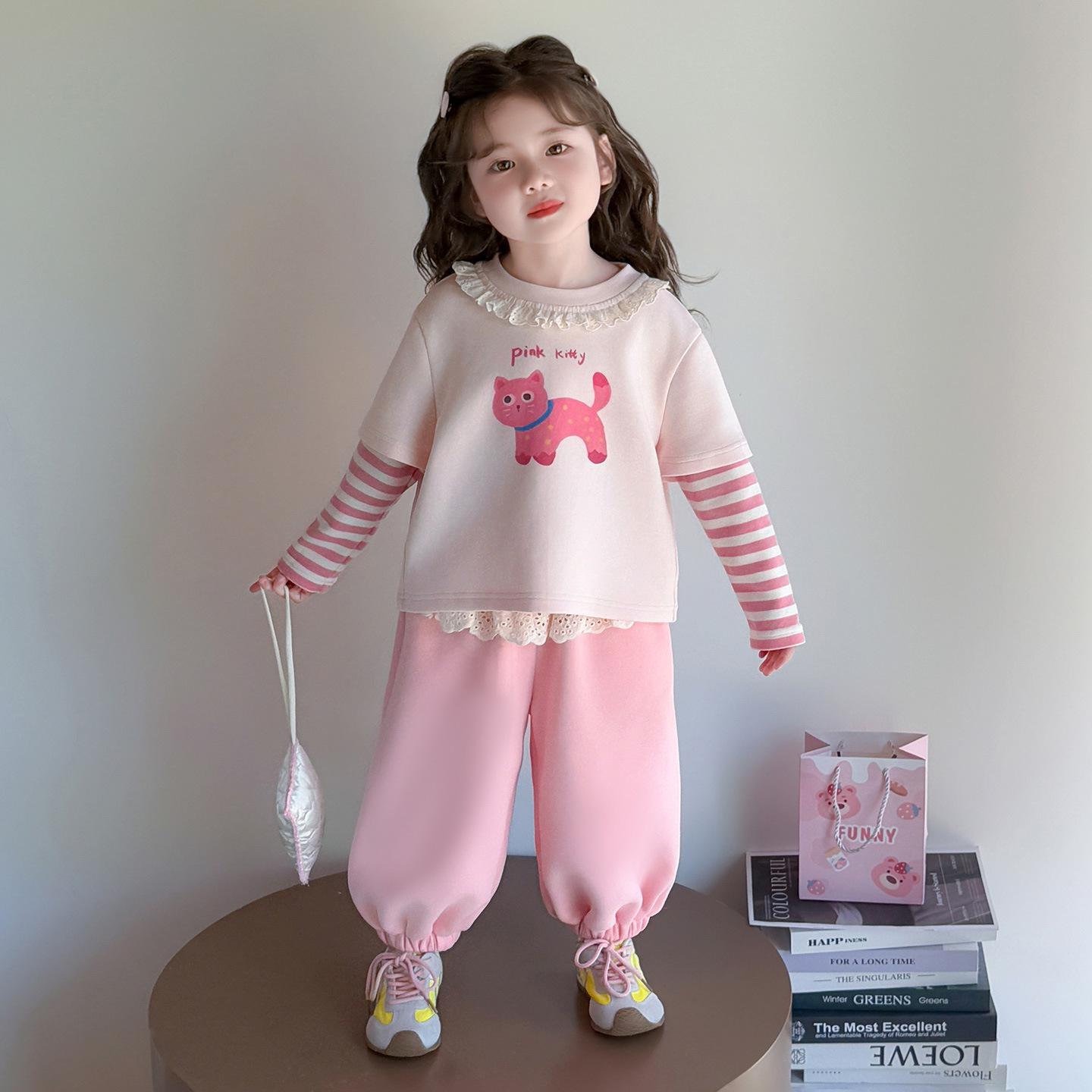 

Girls Lace Collar Sweatshirt and Pants Set - Casual Spring/Autumn Style 100 cm