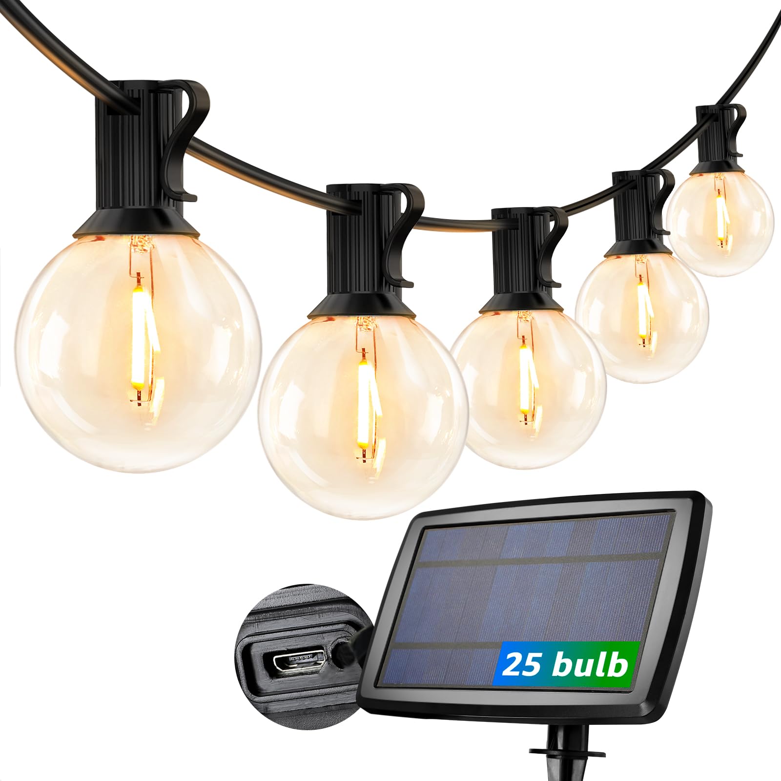

Lepro Solar LED String Lights, Rainproof, USB Rechargeable, 25ft, 25 Bulbs, G40, IndoorOutdoor, Edison-Style, for Cafes, Patios, Gardens, Weddings,