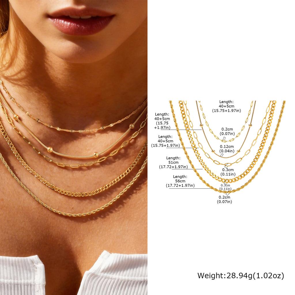 Layer Basic Chains Necklace for Women, 18K Gold Plated Stainless Steel Lips Round Bead Curb Twist Rope Chain Necklace Waterproof