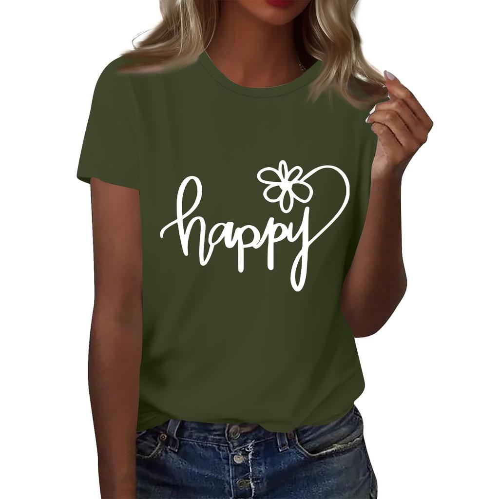 Ladies' Loose Comfortable Casual Fashionable “Happy”Character Printed Round Neck Short Sleeved Shirt