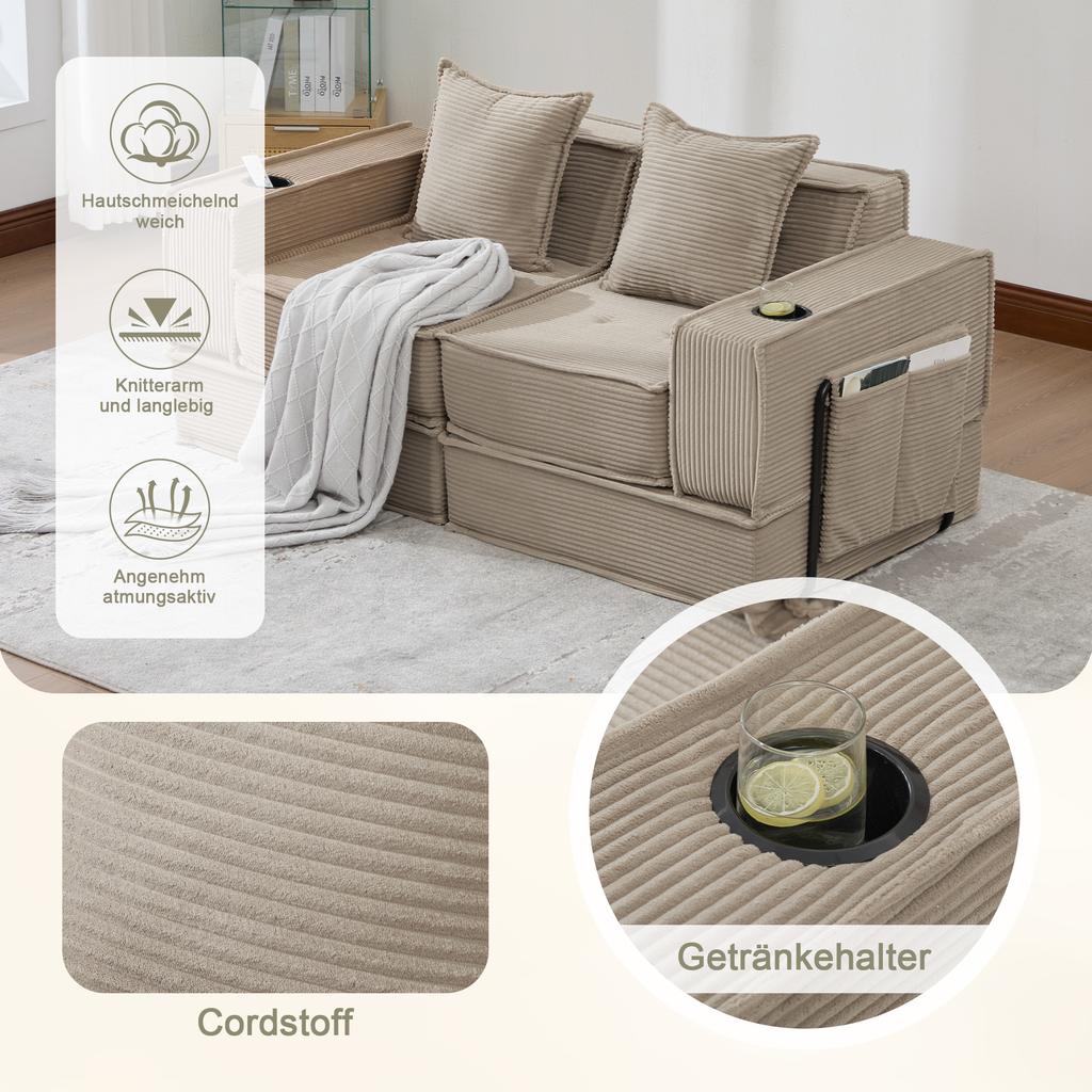 Sofá Cama Duplo com Sofá de Dois Lugares em Tecido e Duas Almofadas. Banquinho Decorativo com Armazenamento Lateral e Porta-Copos.