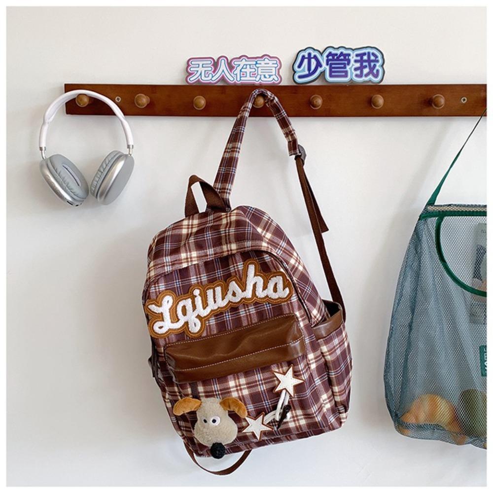 Vintage autumn and winter college style plaid puppy schoolbag ins versatile girls high-value college students class backpack