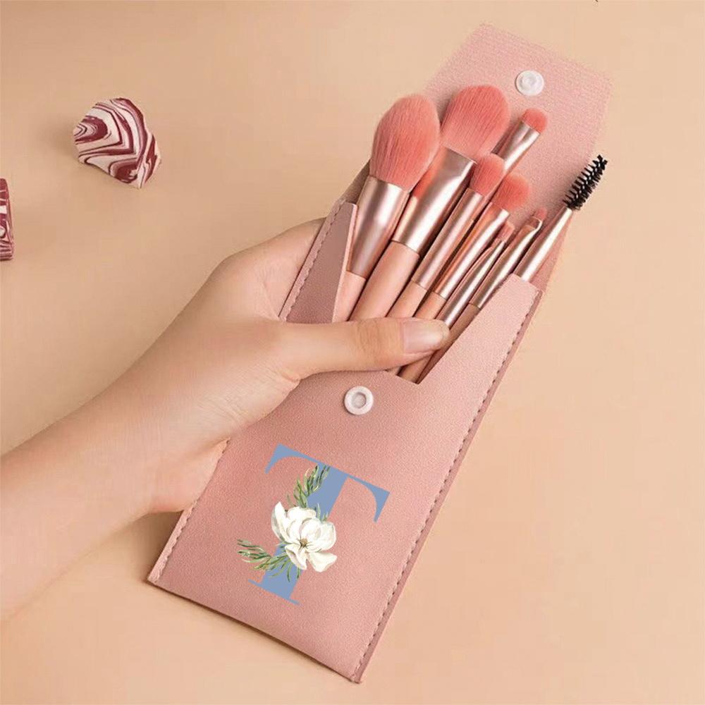 8pcs Pink Professional Makeup Brushes Set Soft Synthetic Bristles For Foundation, Blush With Travel Case Blue Pattern