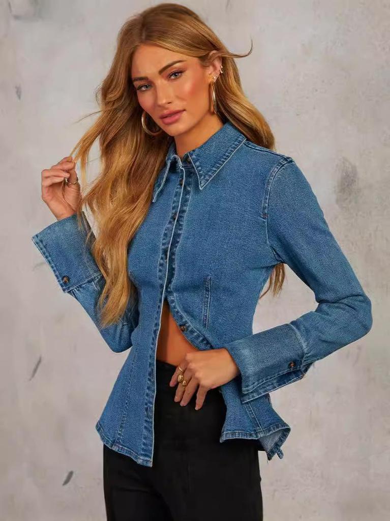 Women's European-American Denim Shirt - Autumn Casual, Lapel, Single-Breasted, Long Sleeve