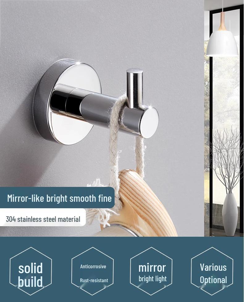 304 Stainless Steel Wall-Mounted Clothes Hook for Bathroom and Entrance - Single Hook for Coats, Hats, and Clothing