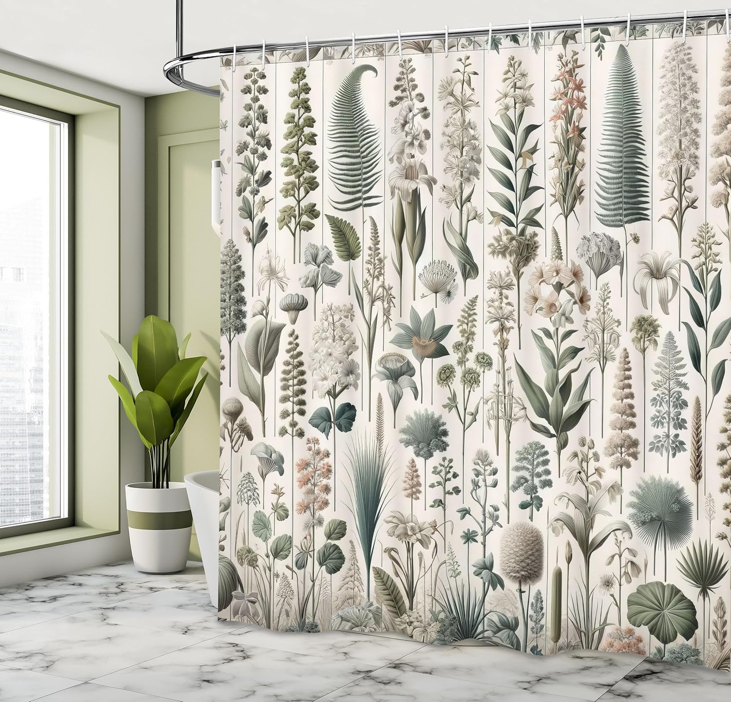 Нейтральная шторка для душа, Экзотическая ботаническая иллюстрация листьев в пастельных тонах, папоротники и пальмы, Тканевая ткань Ванная комната De 90x180cm