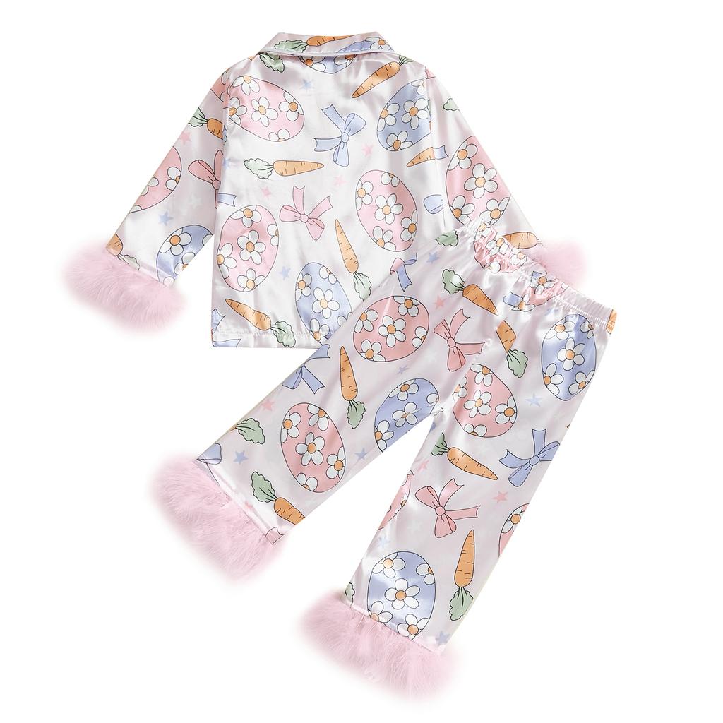 Baby Girls Easter Pajamas Feather Cuffs Egg Bow Print Button Long Sleeves Shirt with Elastic Pants for Loungewear