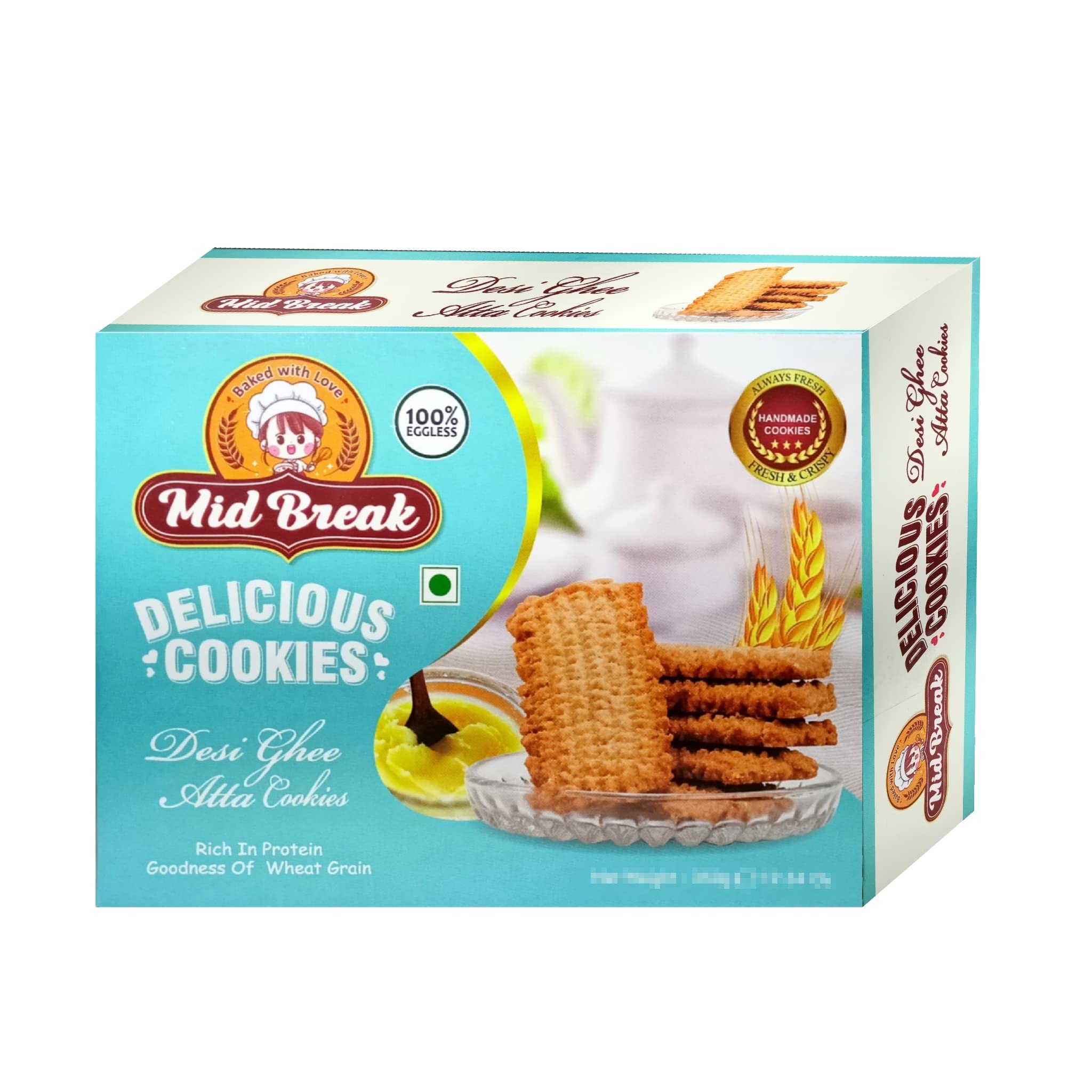MidBreak Handmade Atta Biscuits with Desi Ghee | Eggless Vegetarian Cookies | Premium Tea-Time Snack | 300g Pack | Traditional Taste | Pack