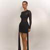 New European and American Style Solid Color Sexy Mesh See-through Streamer Splicing Slim Hip-wrapped Long-sleeved Dress