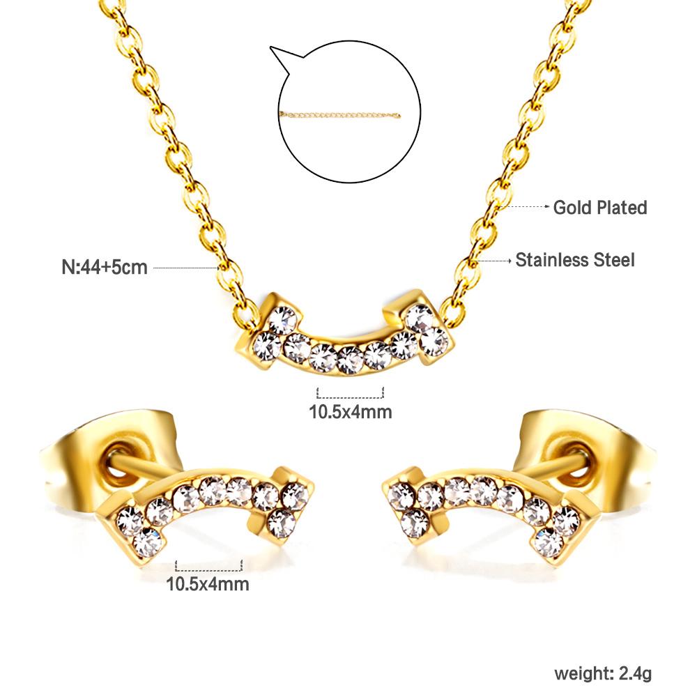 Fashion Bridal Gold Stainless Steel Pendant Necklace Earrings Jewelry Set for Women Plated18k Gold Necklace and Studs Earrings