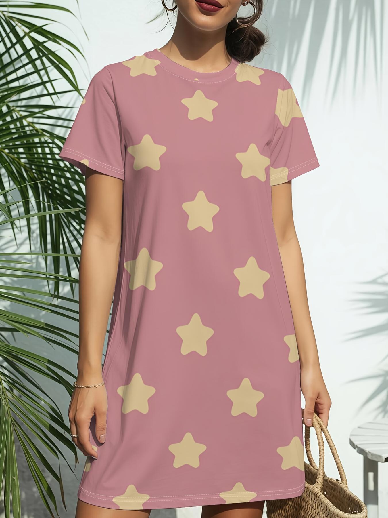 

Starry Pink Sky Women S New Round Neck Short Sleeve Dress T-Shirt. Featuring American Fashion Trends with Digital Prints for Spring And Summer Casual XS дубильная кора