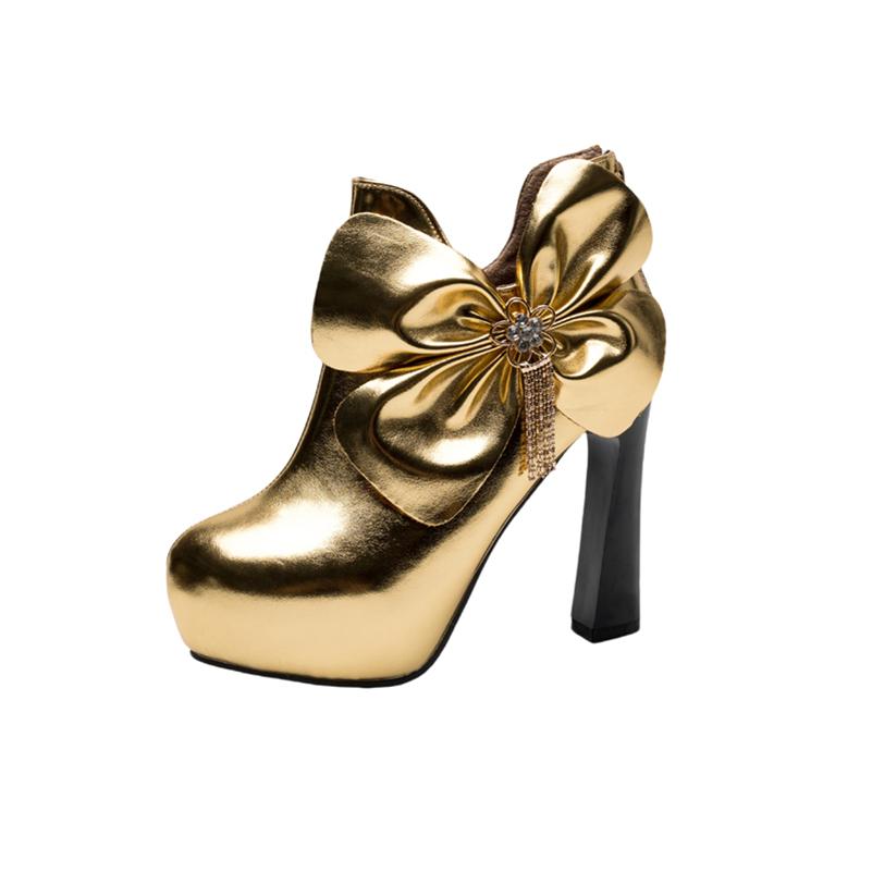 

ANNYMOLI Женские короткие ботильоны с круглым носком на платформе и толстом высоком каблуке с молнией и кисточками, металлические ботинки для женщин, осень-зима 33 золотой