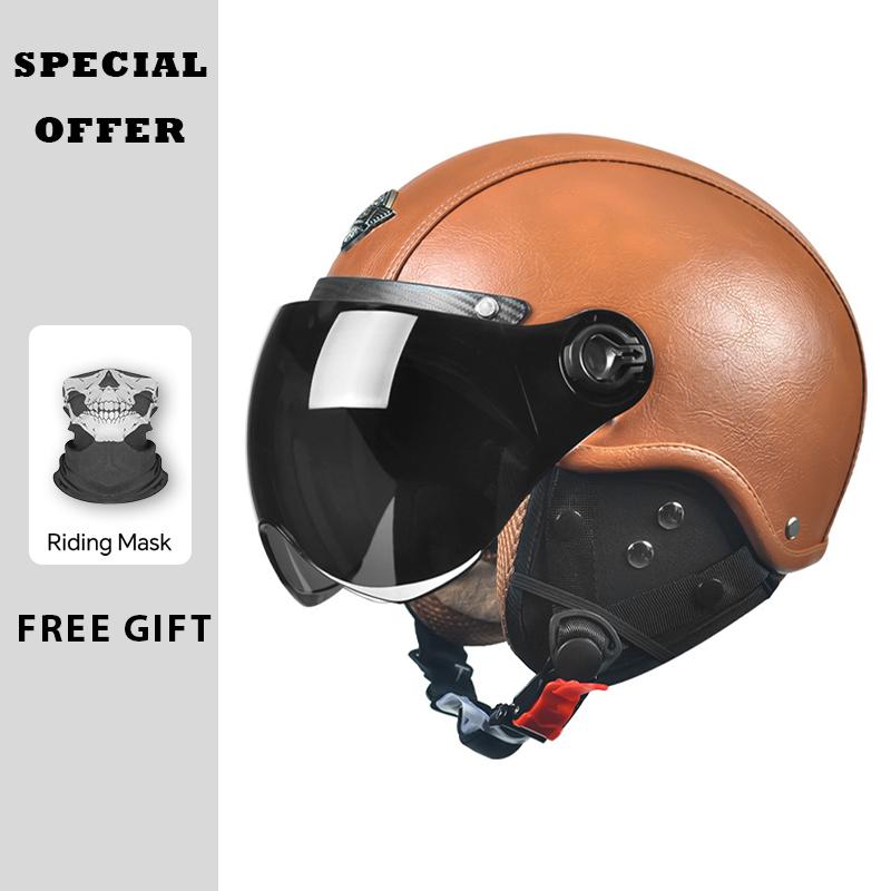 Vintage Motorcycle Helmet ECE DOT Approved Men Women Leather Jet Helmet Open Half Dirt Bike Helmet Electric Riding Cascos