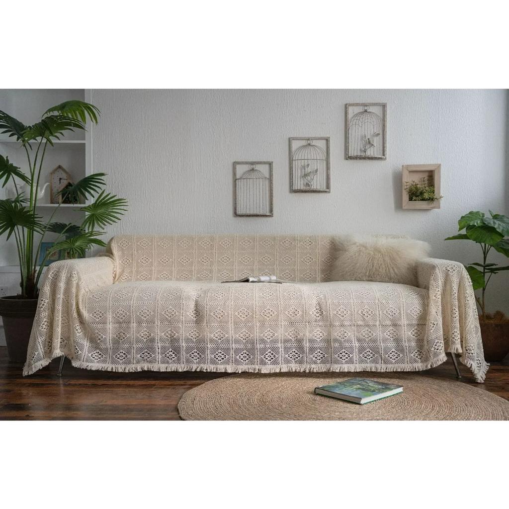 Terylene Beige Crochet Retro French Hollowed-out Lace Sofa Set Picnic Blanket Throw Blanket Three-seater Sofa Cushion Dust Proof