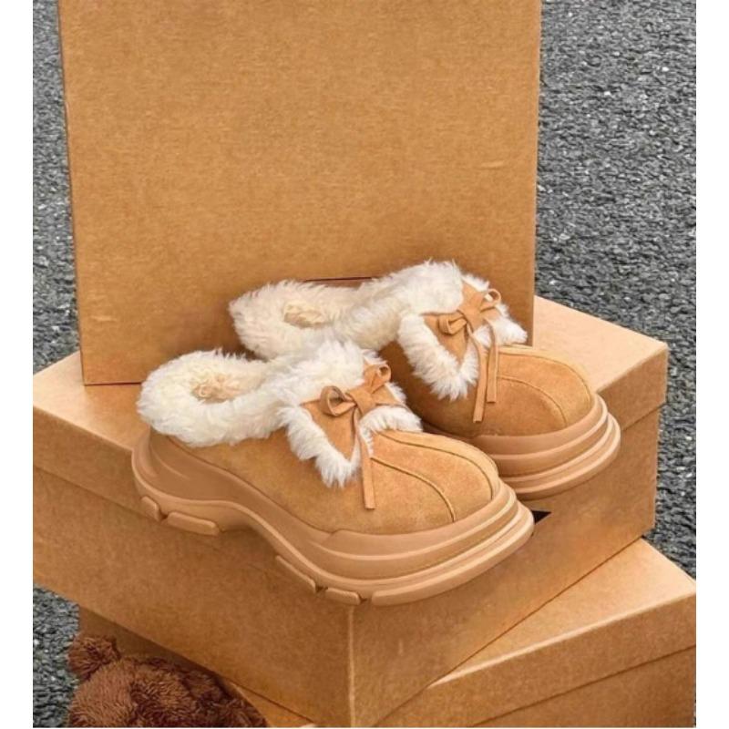 Fashion Cute Butterfly Knot Slip-On Half Slippers Women's Fashion Thick Bottom Wool Snow Boots Round Toe Rubber Sole Winter Shoes