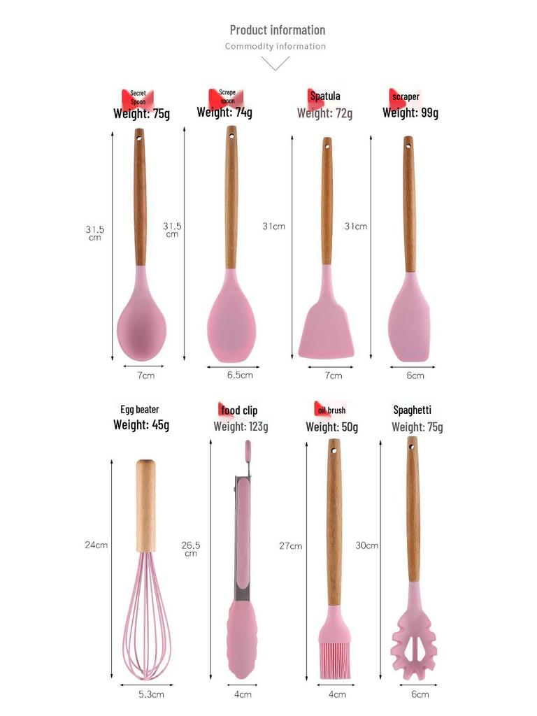 12-Piece Silicone Kitchen Utensil Set with Wooden Handles - Includes Spatula, Slotted Spoon, Frying Spatula, and Baking Tools