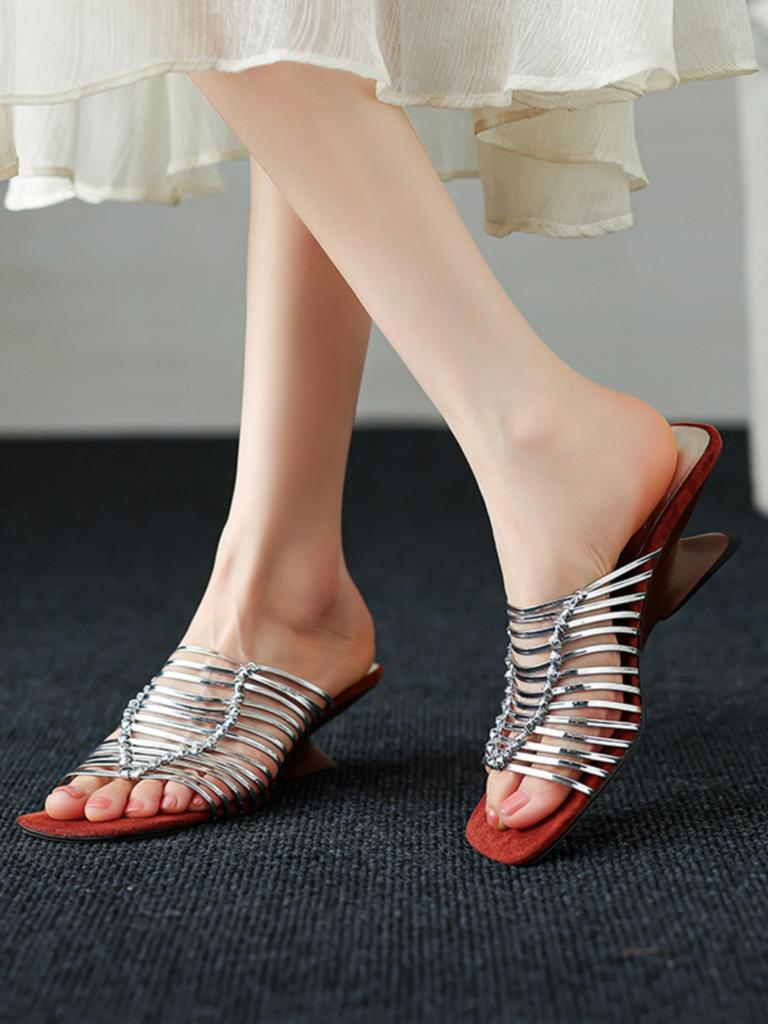 6Cm~ Special-shaped Heel French Retro Temperament Thin Band Wedge Heel High Heels Not Tired Feet Beautiful Roman Cool Slippers Women's Summer