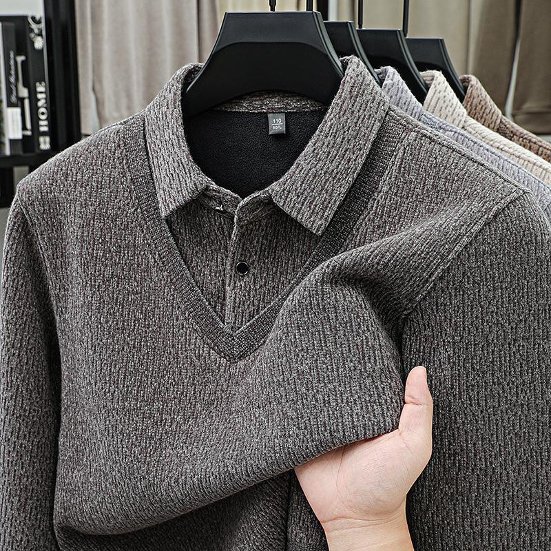 Men's Thick Fleece-Lined Knitwear: Two-Piece Look, Autumn/Winter Style for Middle-Aged & Young Casual Wear.
