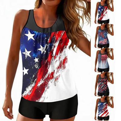 Women’s Sleeveless Tankini Top and Shorts Set with Printed Star and Stripe Pattern Loose Fit Swimwear for Summer Beach Pool