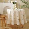 Light Luxury Cotton Round Tablecloth Embroidered Floral Plant Pleated Ruffle Table Cover Dining Room