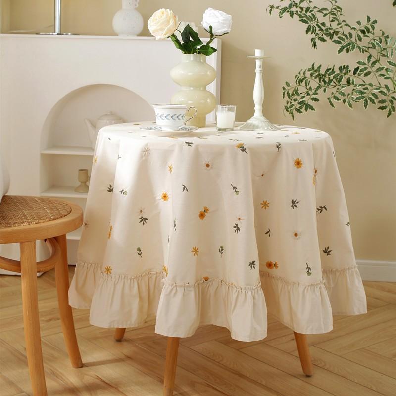 Light Luxury Cotton Round Tablecloth Embroidered Floral Plant Pleated Ruffle Table Cover Dining Room