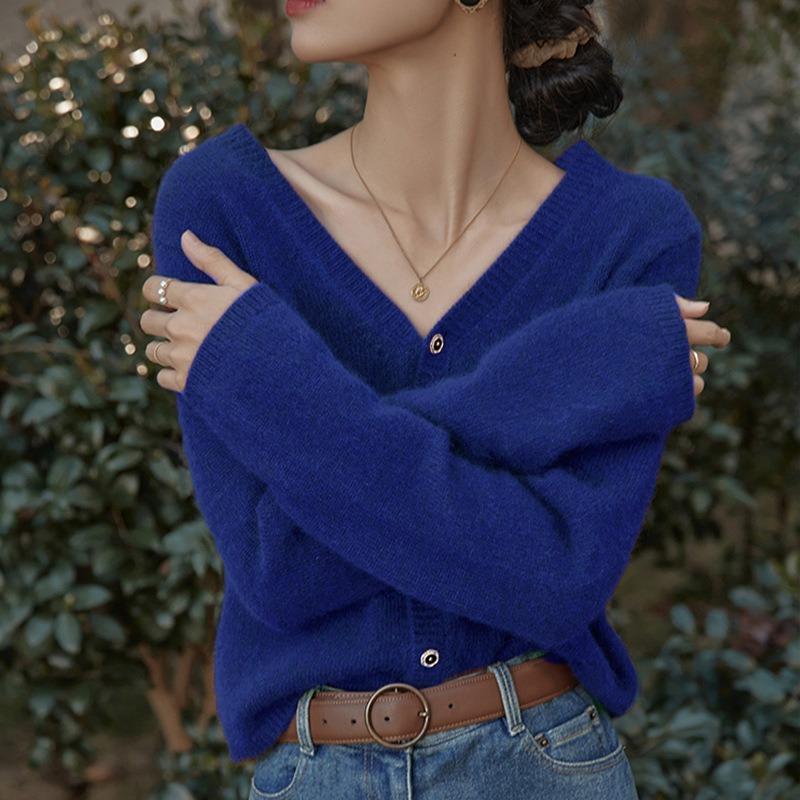 Herbst und Winter Neu Imitation Waschbär Samt V-Ausschnitt Weich Wachsig Pullover Jacke Faul Gestrickte Strickjacke Unterhemd Damenbekleidung