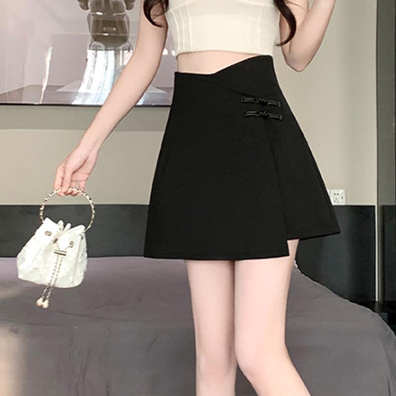 

2024 Summer Plump Girl High Waist A-line Skort with Frog Button Design and Irregular Midi Hem 3XL