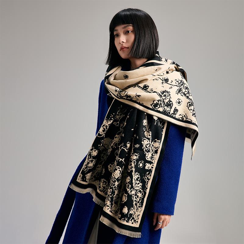 Korean Version Plant Literature Rose Print High Sense Women's Imitation Cashmere Warm Scarf Shawl Scarf