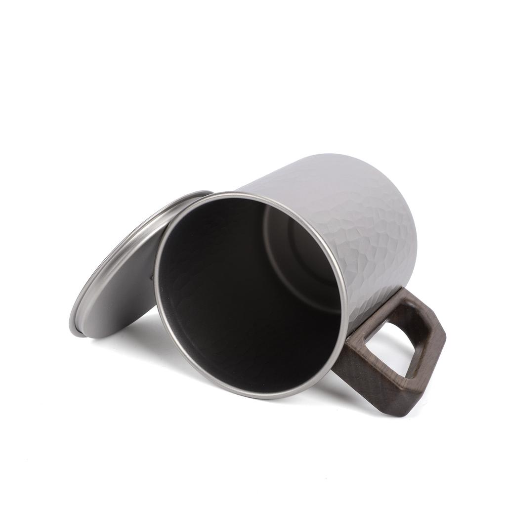 Ti Camping Cup 450ml with Wood Handle Lightweight Coffee Mug with Lid and Spoon for Outdoors Hiking Cup with Spoon