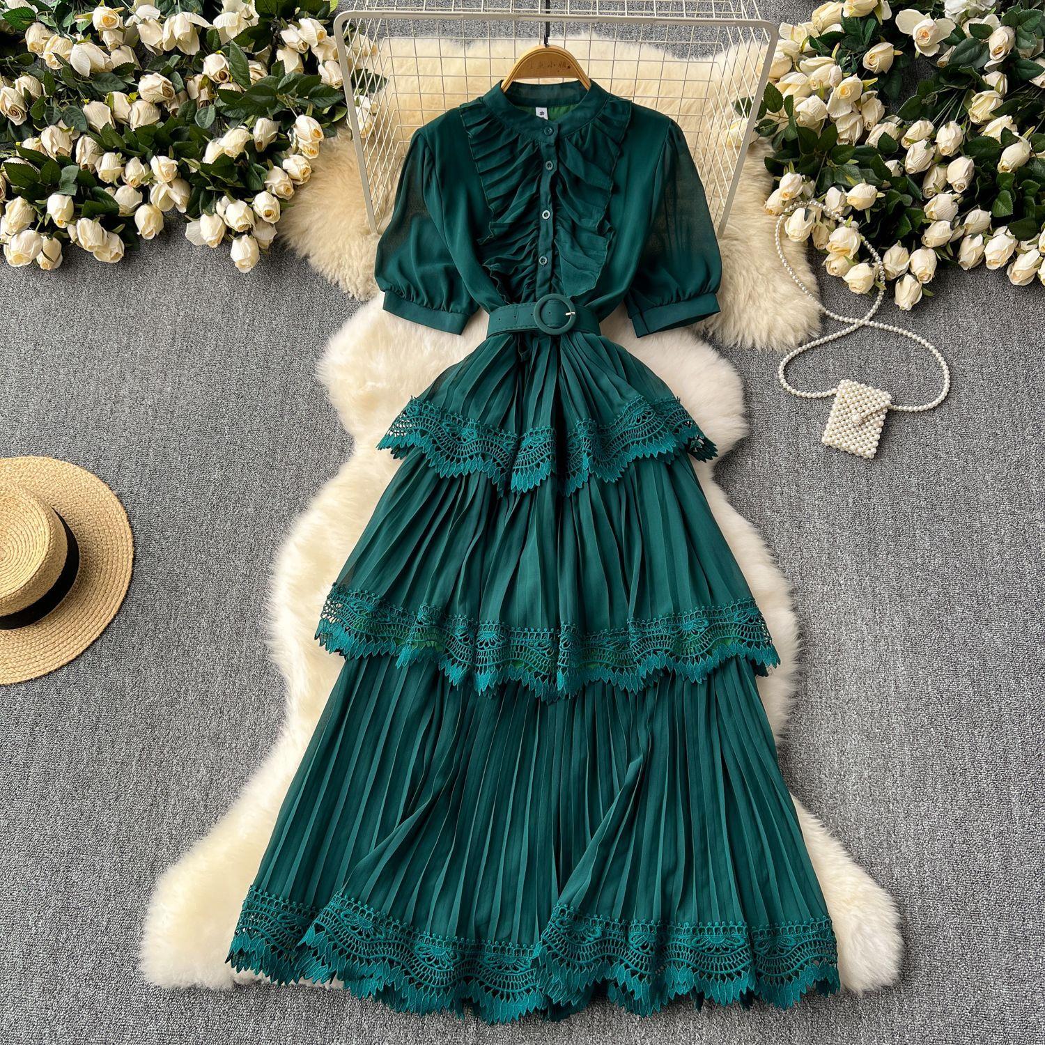 

Женские кружевные лоскутные длинные платья с пышными рукавами и талией one size зелёный