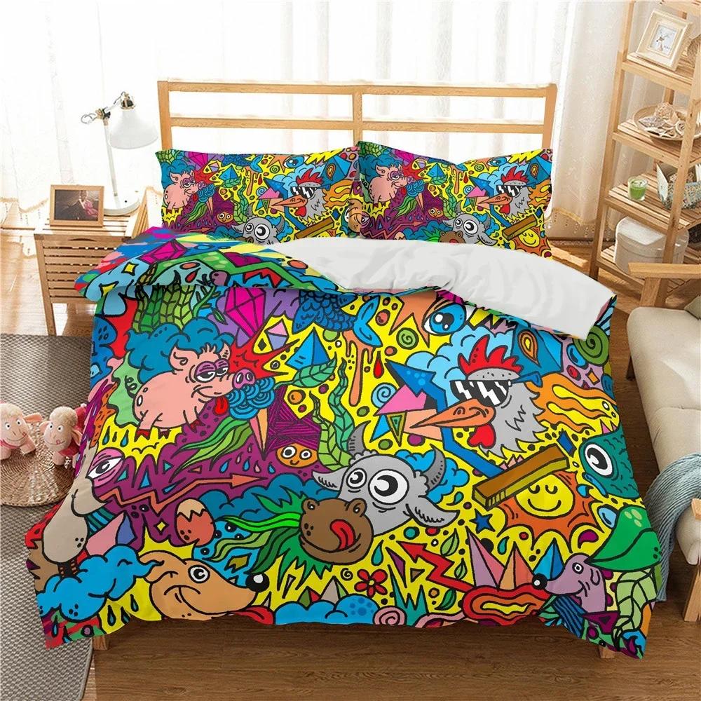 Cartoon Graffiti Print Bedding Set Single Twin Double Queen King Cal King Size Bed Linen Set