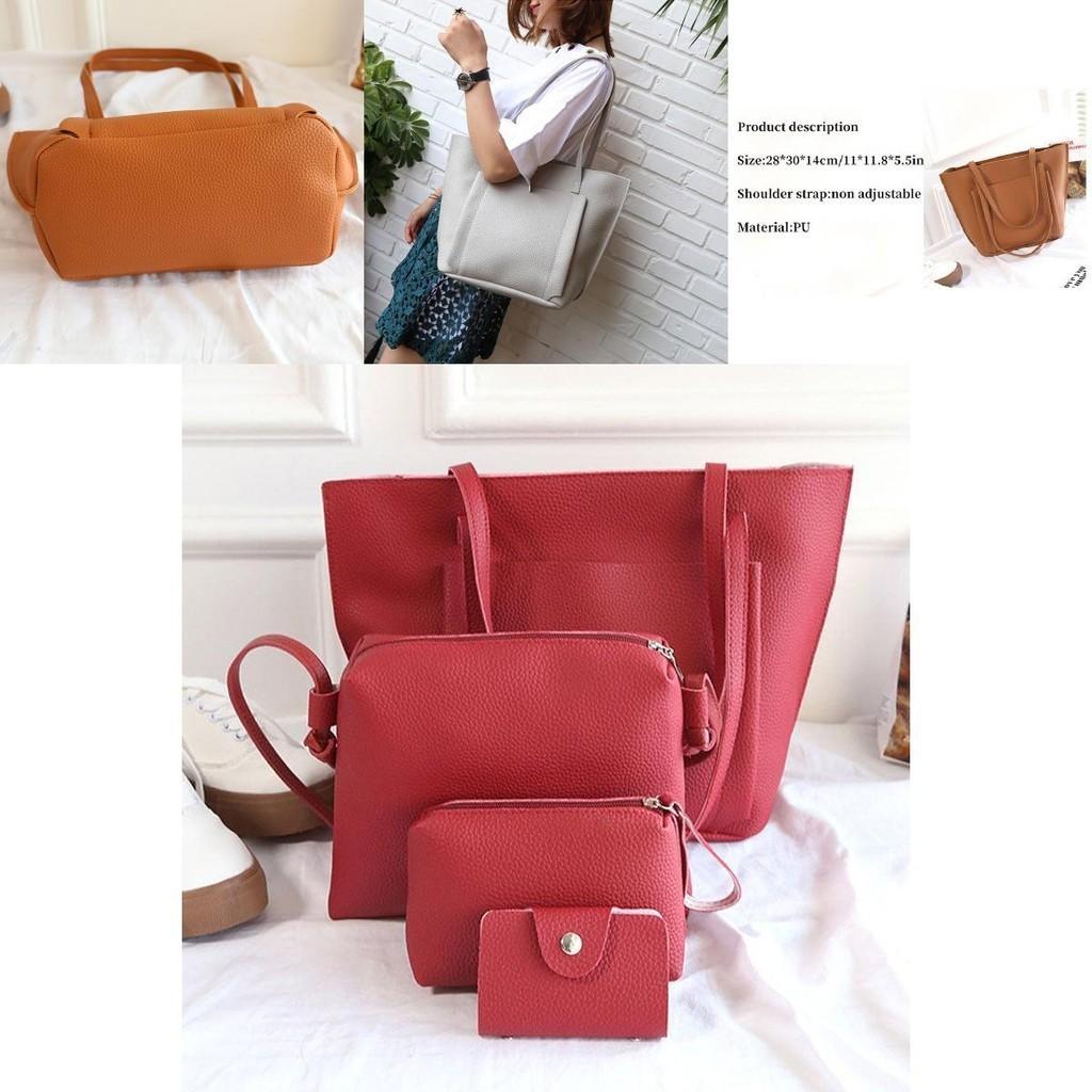 Lychee Pattern Pu Leather Women's Handbag Set With 4 Pieces