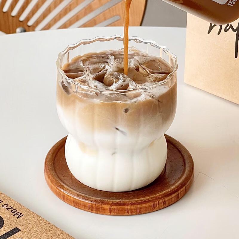 Trendy Striped Glass Drink Cup Layered Stripe Cup with Rattan Coaster