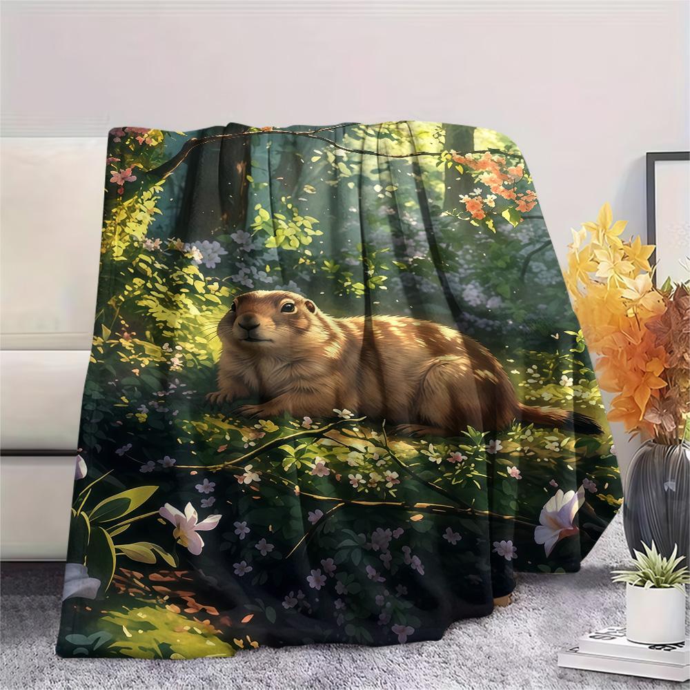 1PC Cute Little Groundhog  Print FlAannel Blanket, High Quality Comfortable for All Seasons, Home Decor, Warmth and Comfort