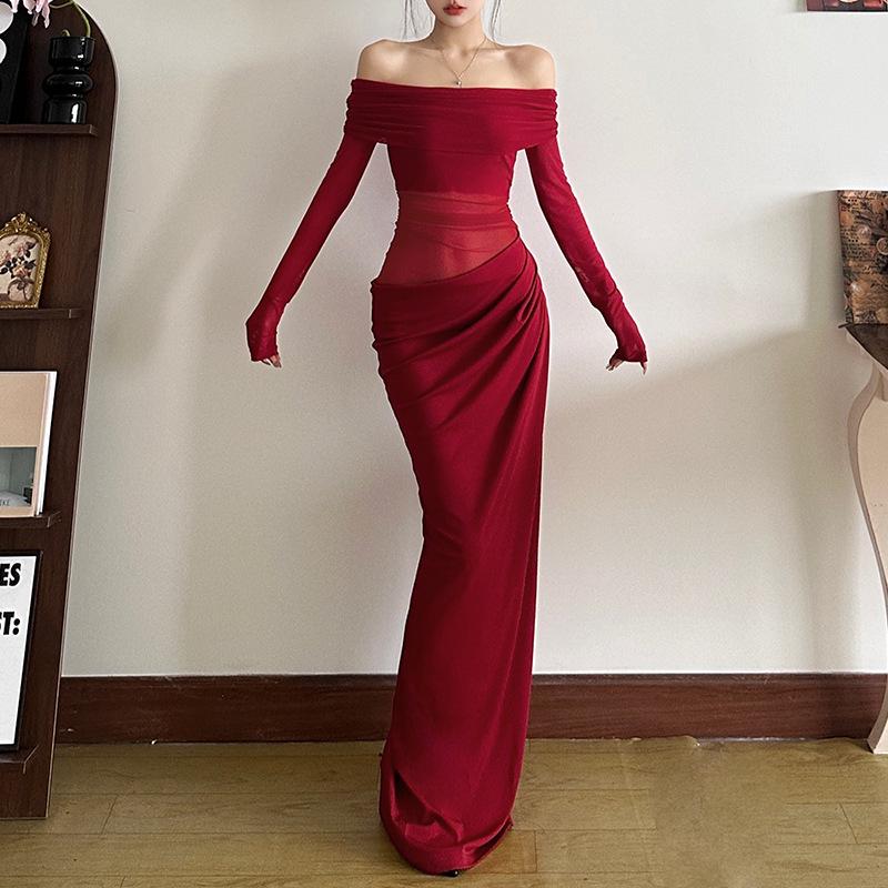 2026 Summer Women’s Long Sleeve Mesh Spliced See-through Bandeau Dress