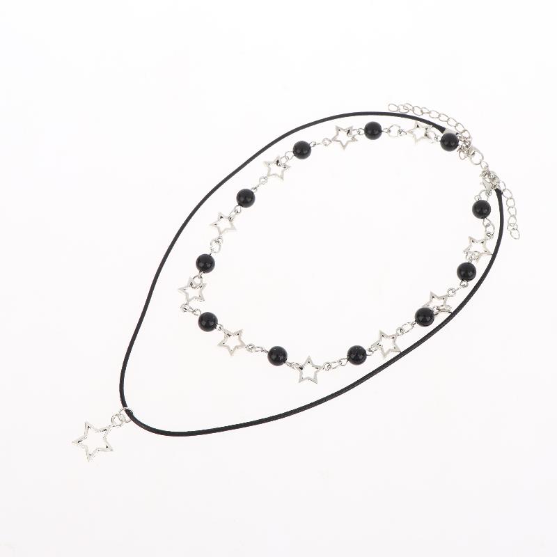Dvouvrstvý černý korálkový hvězdicový choker náhrdelník Punk pentagram kožené šňůrky Náhrdelníky pro ženy dívky