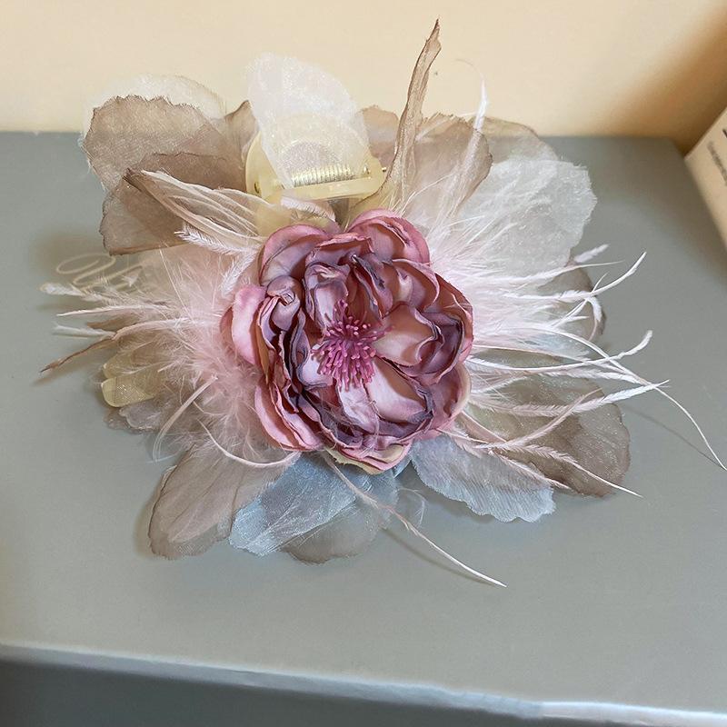 Super Fairy Lace Fabric Flower Feather Grab Clip Elegant Internet Celebrity Back Head Hair Clip