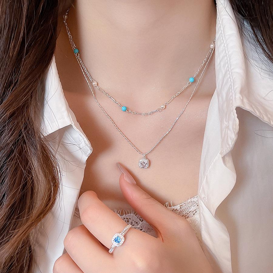 Luxury Double-Layer Pearl Zirconia Square Geometric Necklace - Versatile Clavicle Chain for Chic Commuting
