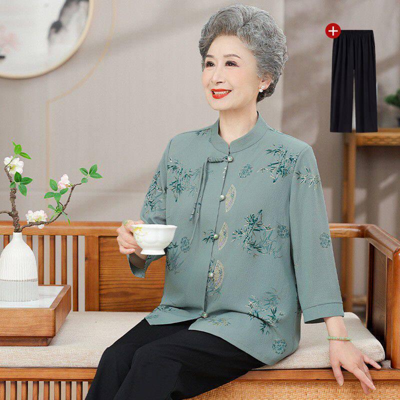 Mom's Spring & Autumn 2026 Chiffon Seven-Sleeve Shirt - New Chinese Style for Middle-Aged & Elderly Women