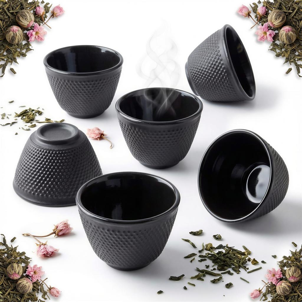 CAST IRON CUPS 6x CUPS CAST IRON TEA SET BLACK ENAMEL 100ML