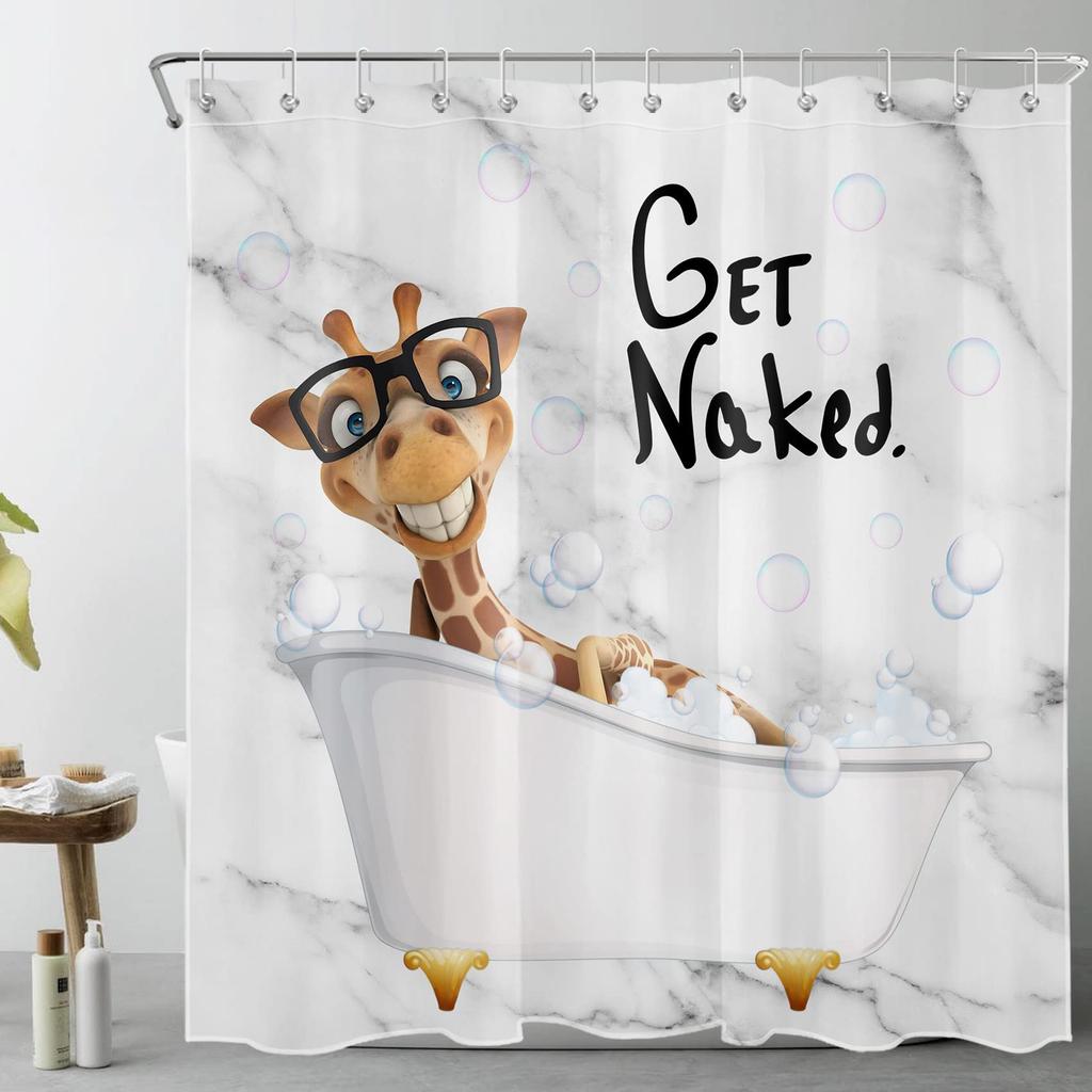 Funny Giraffe Get Naked Shower Curtain Giraffe with Glasses In Soap Bubble Bathtub Wild Animals Bathroom Decor Waterproof Fabric