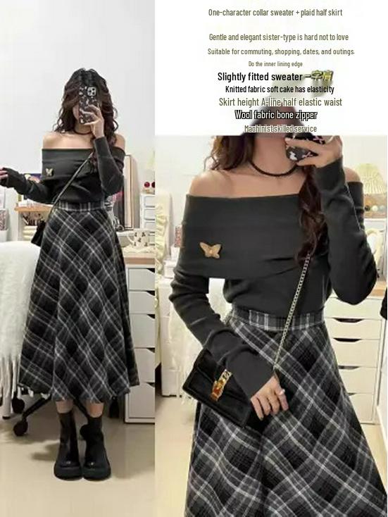 Woolen Elastic Waist Zipper Pleated Retro A-Line Mid-Length Hip-Hugging Skirt for Spring, Autumn, Winter