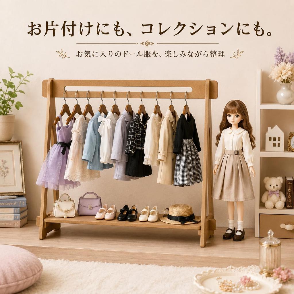 Doll Hanger Rack with 10 Wooden Hangers, 16 Scale (26-28cm Dolls), Mini Closet